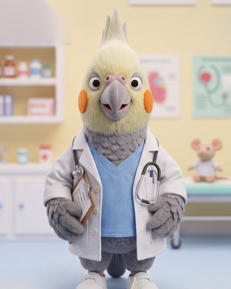 Doctor Sunny, a fluffy plush cockatiel doctor in a white coat with a stethoscope, standing in his clinic